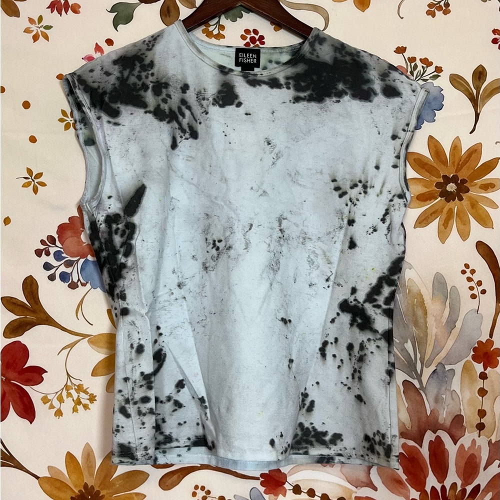 Eileen Fisher S Ice Blue Black Bleach Dye Preppy Grunge Upcycle Work Casual Top